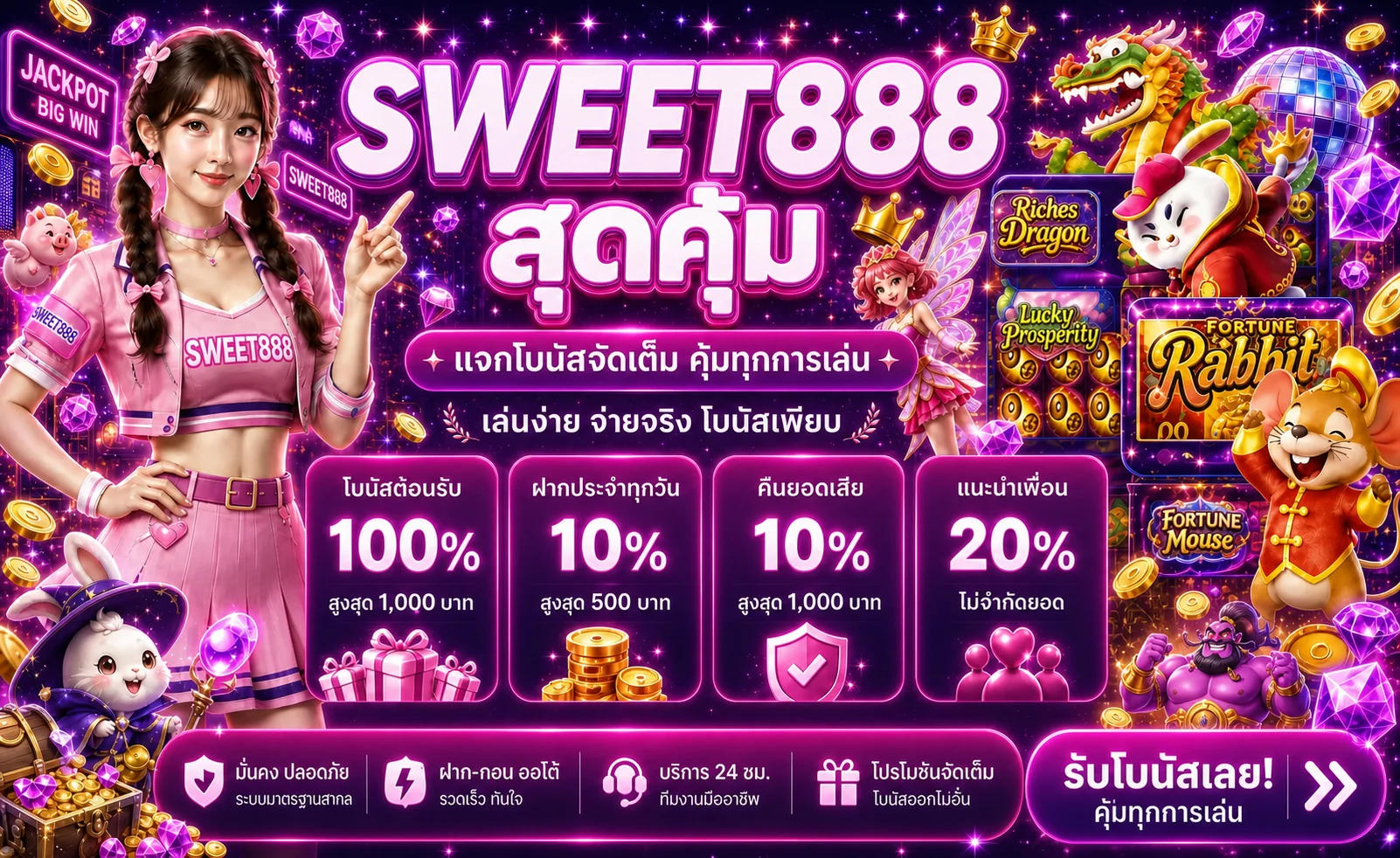 แบนเนอร์ SWEET888 สล็อตโทนชมพูพร้อมตัวละครแฟนตาซี